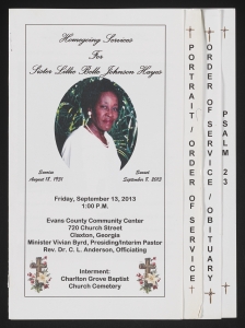 Funeral program for Sister Lillie Belle Johnson Hayes