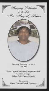 Funeral program for Mrs. Mary L. Palmer