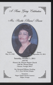 Funeral program for Mrs. Rosetta (Bacon) Brown