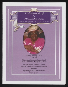 Funeral program for Mrs. Lily Mae Harris