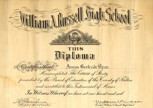 Diploma, Annas Gertrude Ryan, 1928