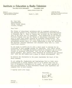 Correspondence, Keith Tyler, Institute for Education by Radio-Television, to Superintendent Paul D. West, March 5, 1959