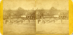Second Street, Damour block, with Macon Vols. on parade, circa 1880