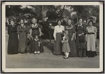 Photograph of the "Sisters of the Swish" in costume with a horse-drawn buggy during the Worth County Centennial Celebration in Sylvester, Worth County, Georgia, 1953 October