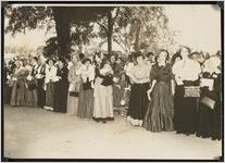 Photograph of ladies dressed as "old timers" in Downtown Sylvester during the Worth County Centennial Celebration at the Worth County Courthouse in Sylvester, Worth County, Georgia, 1953 October