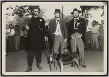 Photograph of three men dressed as "old timers" during the Worth County Centennial Celebration at the Worth County Courthouse in Sylvester, Worth County, Georgia, 1953 October