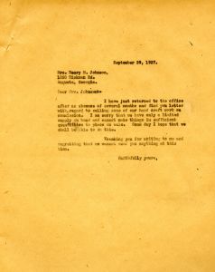 Letter to Mrs. Henry M. Johnson from Martha Berry