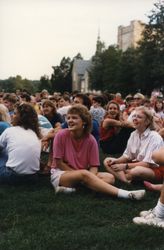 Photograph of students sitting on the courtyard lawn at the Ford Buildings during Playfair, Mount Berry, Georgia, 1986 September