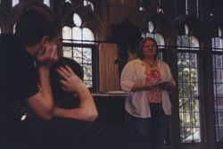 Photograph of President Mandy Singleton conducting a Right to Life meeting in the Clara Hall lobby, Mount Berry, Georgia, 2003