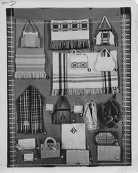 Photograph of a display of woven items such as towels, hand towels, and bags, Mount Berry, Georgia, 19XX