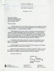 Oldenburg letter to Rehoboth Presbyterian Church (Decatur, GA)
