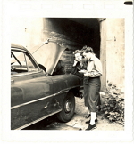 Mary Virginia Harrison next to car