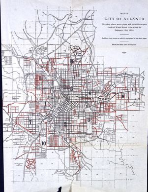 Map of City of Atlanta Showing where water pipes will be laid from proceeds of Water Bonds to be voted for February 15th, 1910