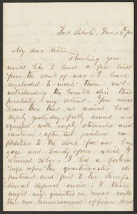 Letter [fragment] from an unknown soldier (Ft. Pulaski, Georgia), to "My dear sister," offering a humorous description of their camp - January 12, 1860