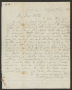 Letter from Spartan McCain Shuler (Yorktown, Virginia) to "My Dearest Father". Spartan M. Shuler served in Company G of the 6th South Carolina Infantry Regiment - April 22, 1862