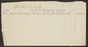Bill of $310 from Richard D. B. Taylor to repair barouche to E. R. Hodgson. Taylor served in the 24th Georgia Infantry Regiment