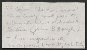 Letter from civilian [initials L.E.C.] to "My Dear Cousin Charlie," discussing family news