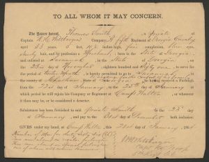 Furlough granted to Thomas Smith to go to Savannah, Georgia for three days; signed by Captain W. H. Wittberger at Camp Walton. Smith served in Company A of the 5th Georgia Cavalry