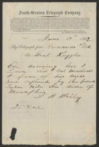 Telegram from L. B. Baily to Brigadier General Daniel Ruggles - June 17, 1862