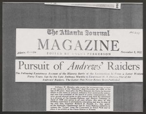 Article about the "Pursuit of Andrews' Raiders," in Atlanta Journal Magazine - November 8, 1931 (photocopy)