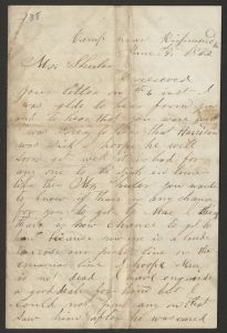 Letter from Jeremiah Carroll (Camp near Richmond, Virginia) to Mr. Shuler. Jeremiah Carroll, served in Company F of the 6th South Carolina Infantry Regiment - June 9, 1862