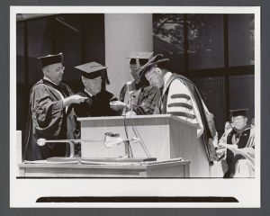 Commencement, 1970s - Emory President Sanford Atwood and other administrators at the podium