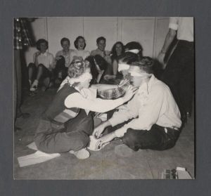 Students, groups, 1940s-1950s - Students playing game while blindfolded