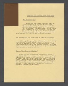 Emory television's first broadcast, 1957 - Document explaining "Questions and Answers about Video Tape"