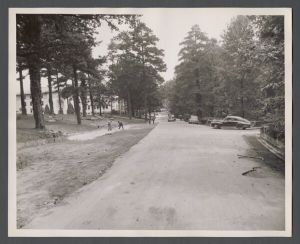 Campus construction, 1940s-1960s - Widening of road near Law building and library