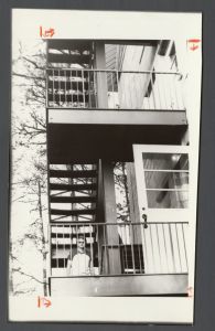 Candid campus photographs with unidentified individuals - Winship fire escape