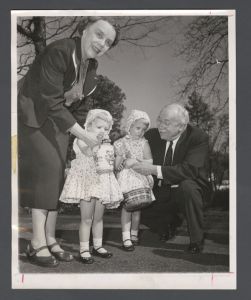 Easter egg hunt, May 1956 - Emory President Goodrich C. White and Helen White with two young girls
