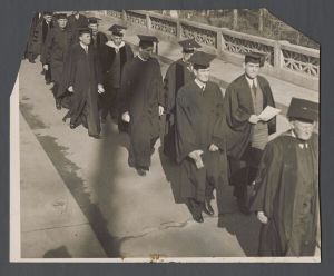 Commencement, pre-1940 - Graduation procession across bridge