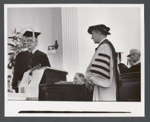 Commencement, 1970s - Emory President Sidney Walter Martin and unidentified figure at podium