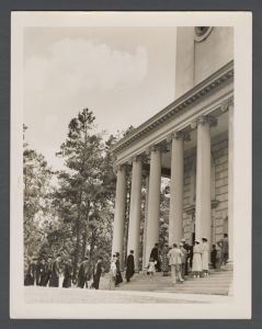 Commencement, pre-1940 - Guests watch graduates file into Glenn Memorial Church