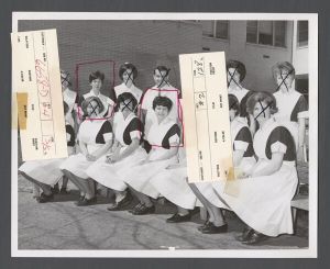 School of Nursing - Group portrait of Charlotte Rule, Kathy Woodfin, and other student nurses