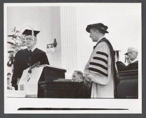 Commencement, 1970s - Emory President Sidney Walter Martin and unidentified figure at podium