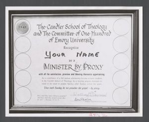 School of Theology - Minister by proxy certificate earned by contributing money to Candler School of Theology scholarships