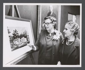 School of Nursing - Dean Ada Fort showing Nell Hodgson Woodruff an architectural drawing of the new School of Nursing building