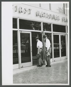 Emory Village - Two men walking into First National Bank