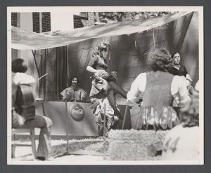 Inter-fraternity and sorority activities - Women dance outside fraternity hosue