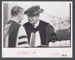Commencement, 1970s - Two Emory officials in academic regalia talking