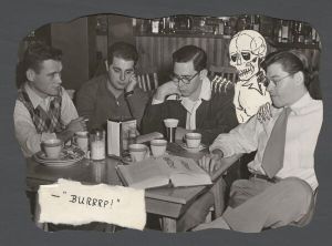 Students, groups, 1940s-1950s - Students studying anatomy with Dooley drawn in the photograph