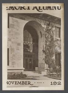 Campus photographs, 1910-1960 - Cover portion of "Emory Alumni" magazine, showing entrance to building on quad