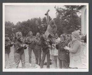 Inter-fraternity and sorority activities - Chi Omega students with trophy