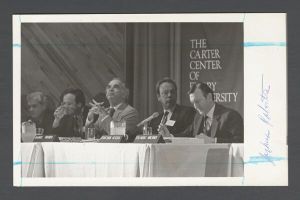 Identified Speakers and Entertainers - Eduardo Wiesner, Jesus Silva-Herzog, and Daniel Oduber speaking at the Carter Center