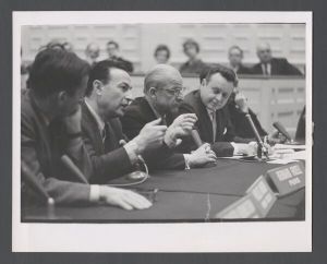 NBC (National Broadcasting Corporation) at Emory, March 1963 - NBC correspondent Bernard Frizell and other correspondents speaking during NBC event at Glenn Memorial