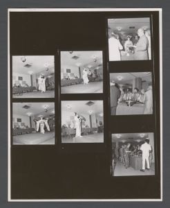 Emory Miscellany - Contact sheet of Pat Clinton and Jackie Reid at international fashion show[?]