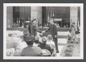 School of Medicine - General William C. Westmoreland, Army Chief of Staff, shakes hands with Major General William H. Moncrief Jr. at the dedication of the Moncrief Army Hospital, named after his late father, at Fort Jackson, South Carolina