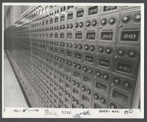 Candid campus photographs with unidentified individuals - Post office boxes