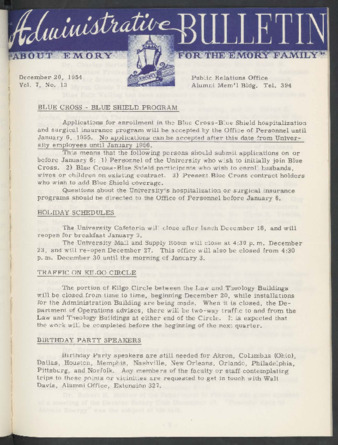 Administrative Bulletin. Vol. 7, No. 13, Dec 20, 1954